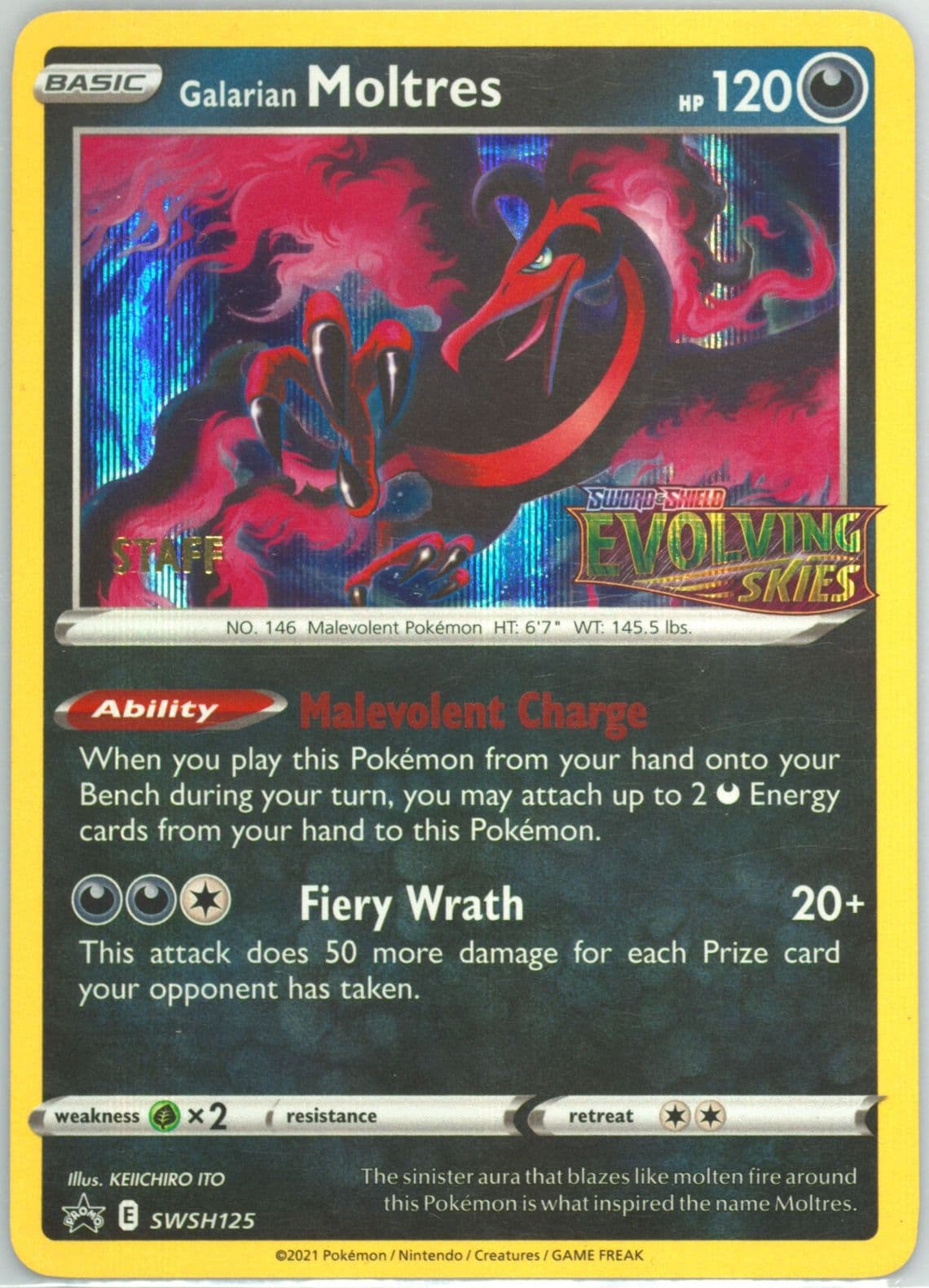 Galarian Moltres-Holo Prerelease-Staff (125) 2023 Pokemon Swsh Black Star Promo
