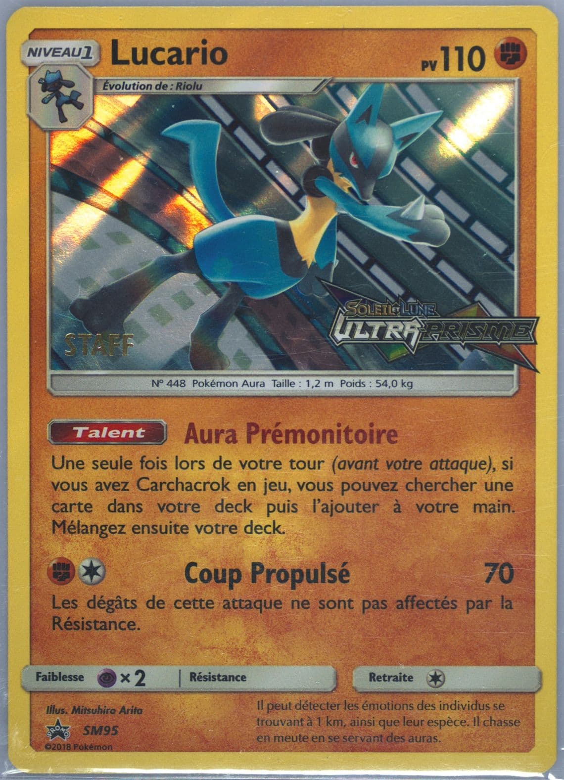Lucario-Holo Ultra Prism Prerelease-Staff-French (SM95) 2018 Pokemon SM Black Star Promo