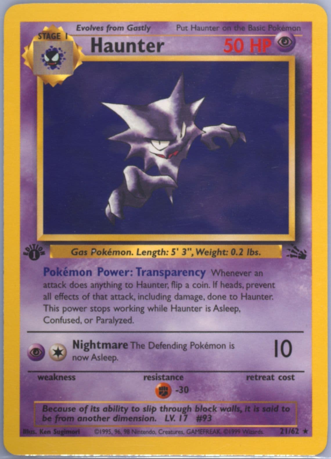 Haunter 1st Edition (21) 1999 Pokemon Fossil